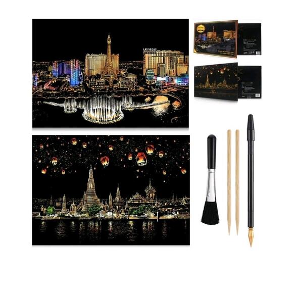 2 Pack Scratch Art Rainbow Painting Paper, Sketch Pad DIY Night View... - Picture 1 of 9